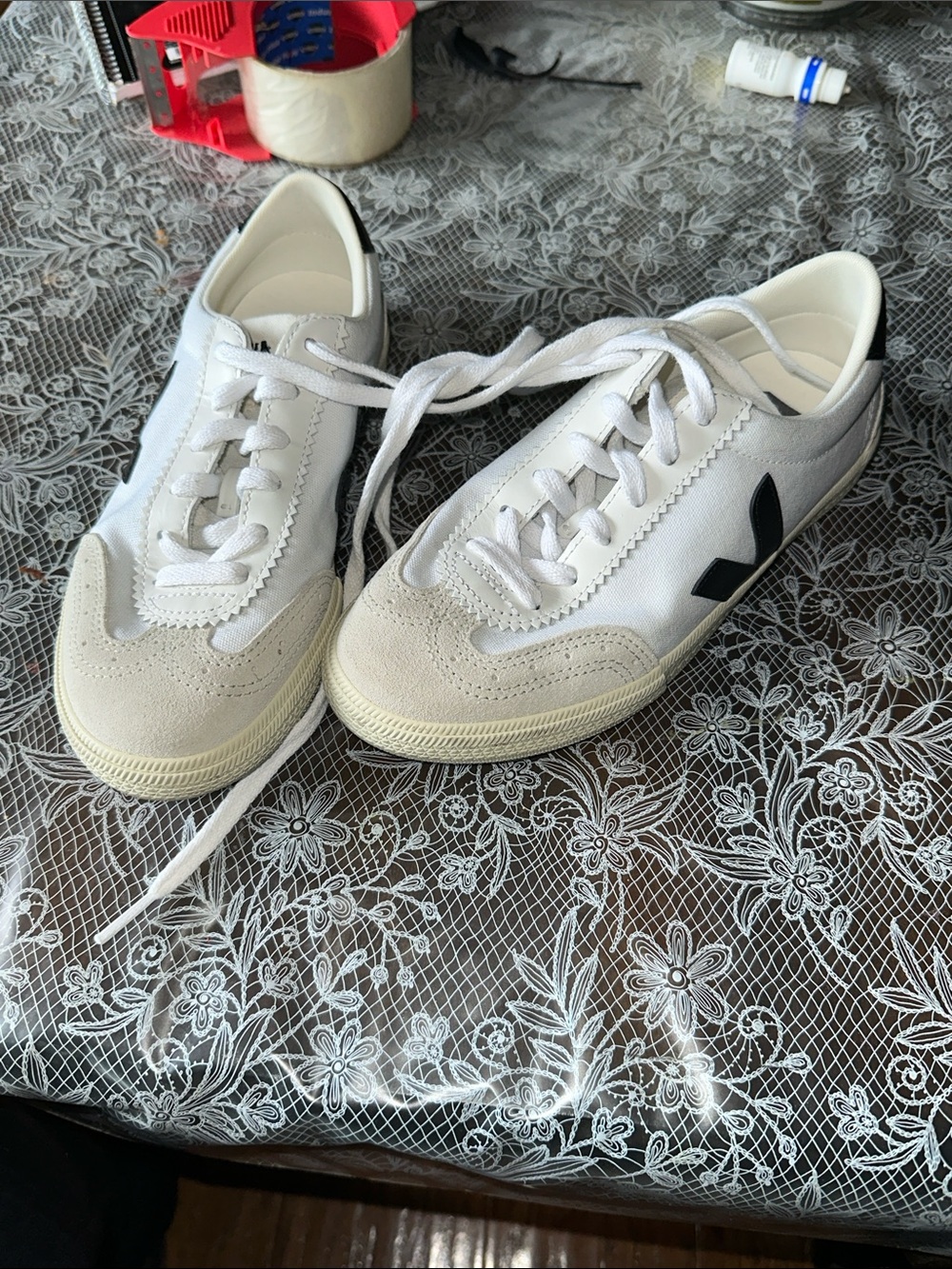 Veja Women's White Low-Top Sneakers with Black V Logo